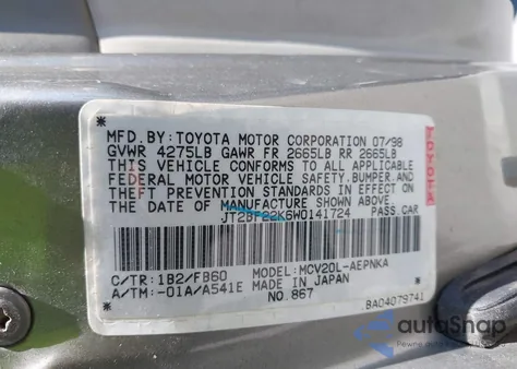 1998 Toyota Camry Le V6 z USA, uszkodzony, nr VIN JT2BF22K6W0141724